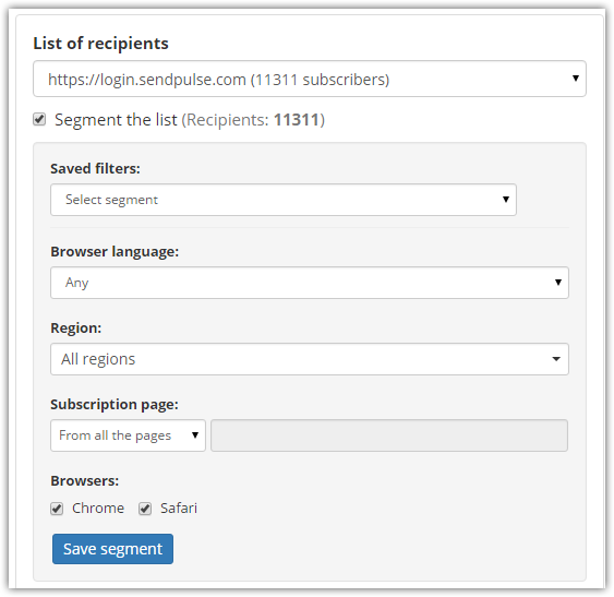 SendPulse web push segmentation