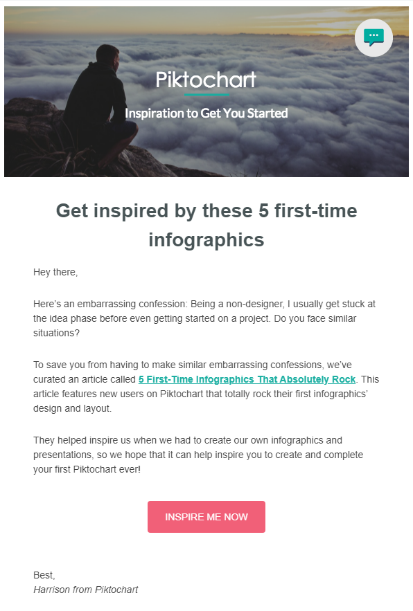 Piktochart'ın faydalı bir makalesinin bağlantısını içeren e-posta