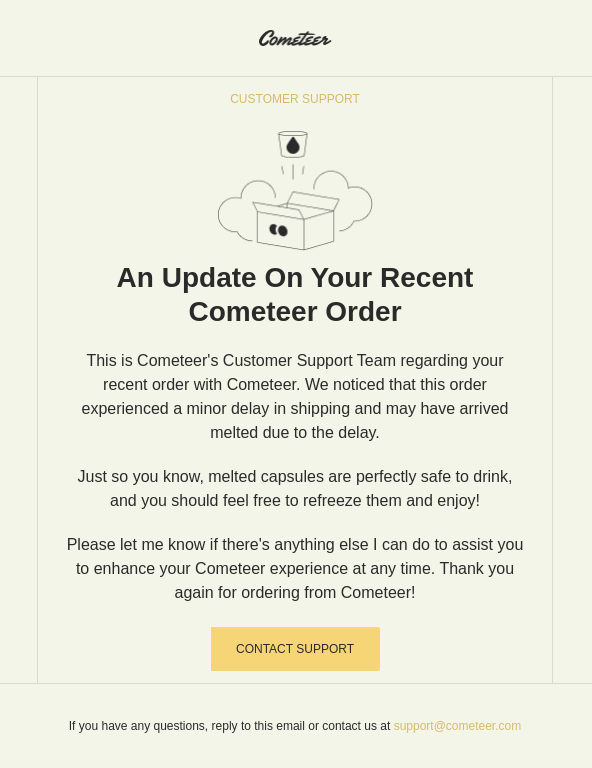 Cometeer'den bir gönderim güncelleme e-postası; kaynak: Really Good Emails