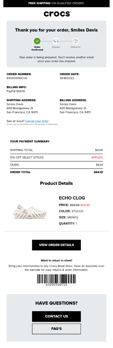 order confirmation email
