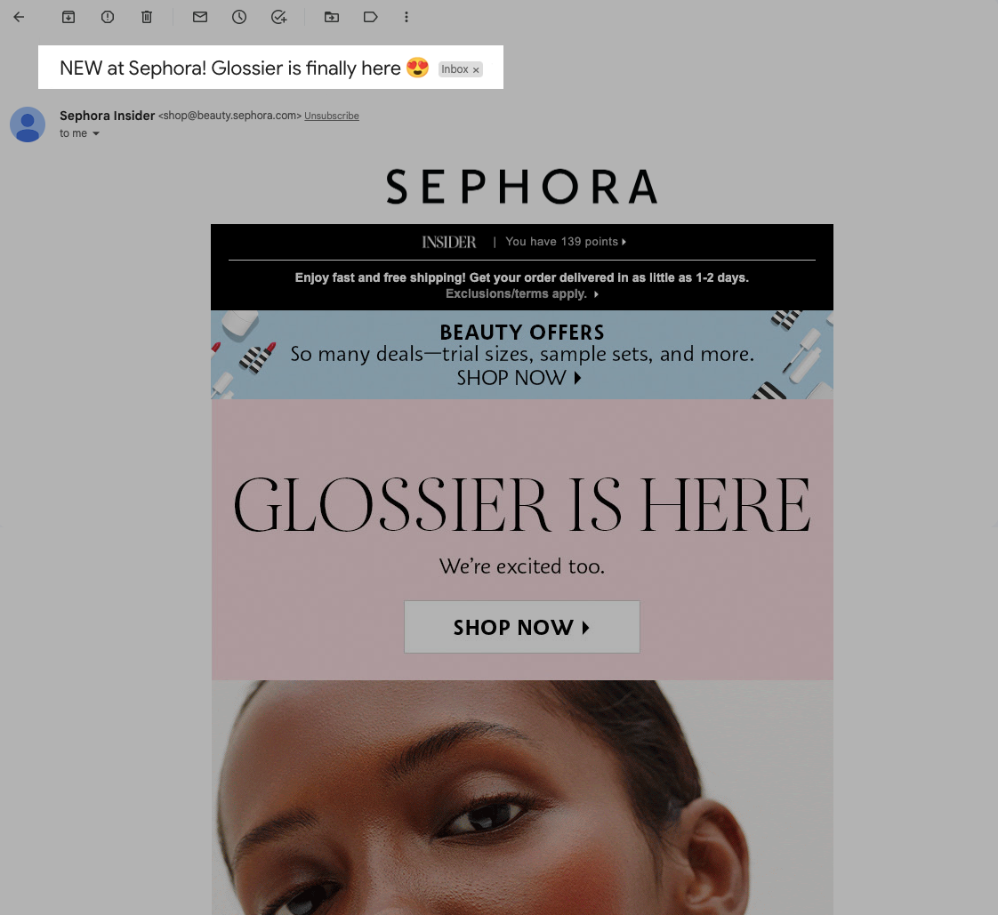 Un exemple de ligne d'objet accrocheuse dans la newsletter Sephora