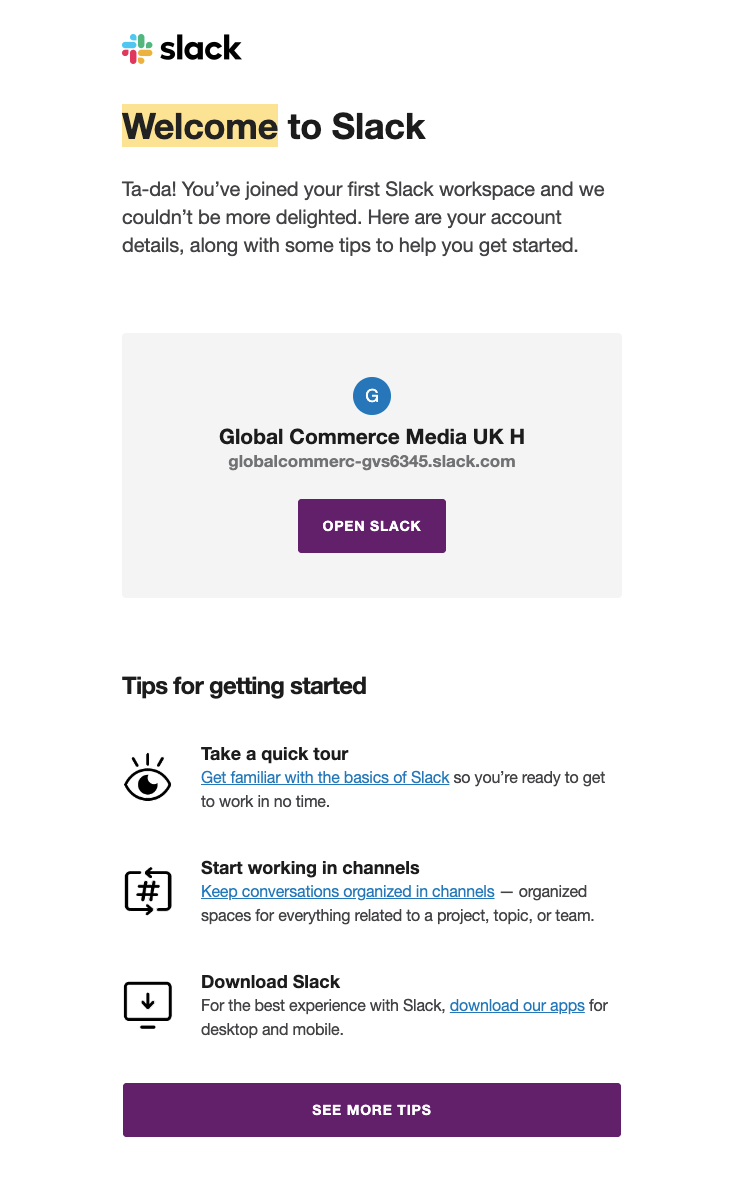 Un exemple de modèle d'email de bienvenue de Slack