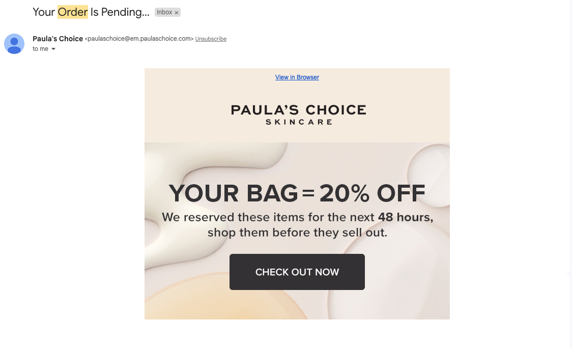 Email d'abandon de panier de Paula's Choice