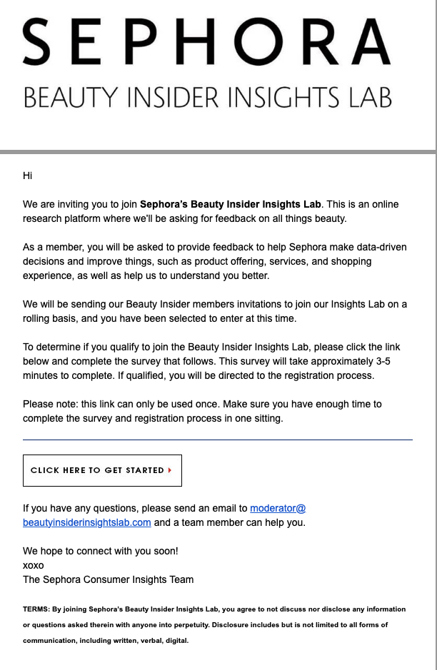 Sephora'nın geri bildirim e-posta şablonu