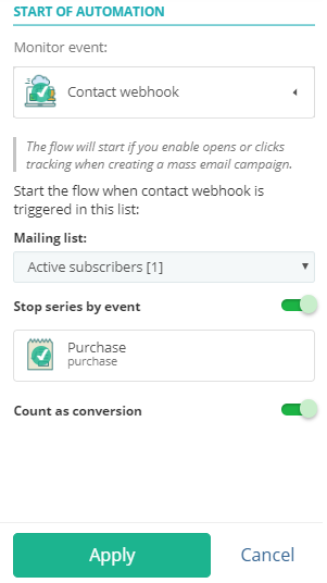 Configurações do webhook de contato