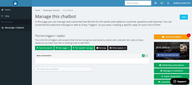 Interface do construtor de chatbot da ChatbotsBuilder