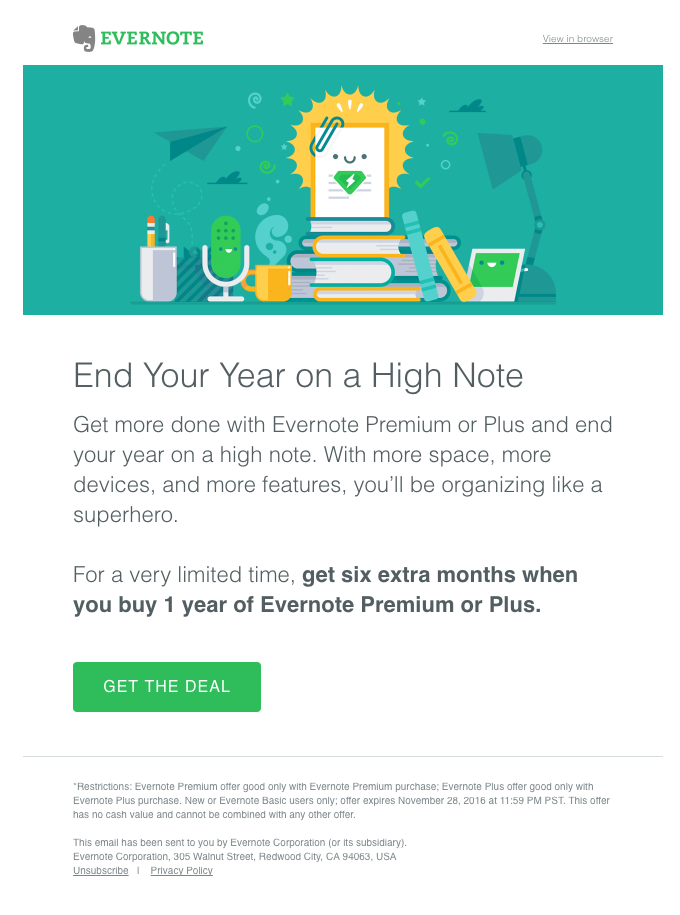 Evernote, premium planlarına dikkat çekmek için bir aciliyet duygusu yaratıyor; kaynak: Really Good Emails