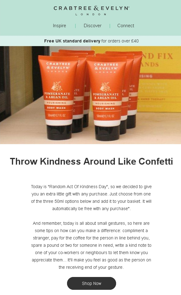 An email dedicated to Random Act of Kindness Day from Crabtree & Evelyn