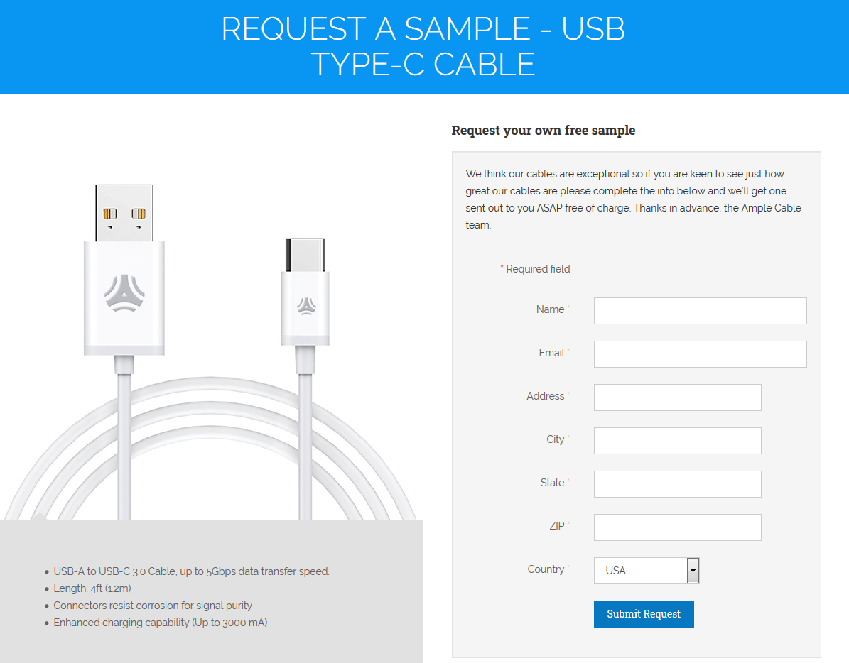 Formulário de solicitação de uma amostra do cabo gratuito da Ample Cable
