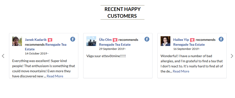 Widget de avaliações do Facebook no site da Renegade Tea Estate