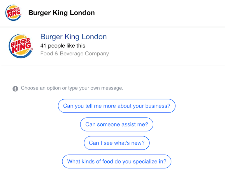 Burger King London Messenger sohbet botu müşterilere çeşitli etkileşim seçenekleri sunuyor