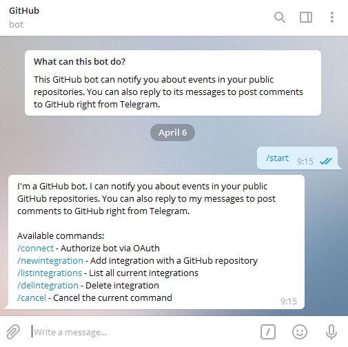 Telegram'da GitHub botu ile tanışma