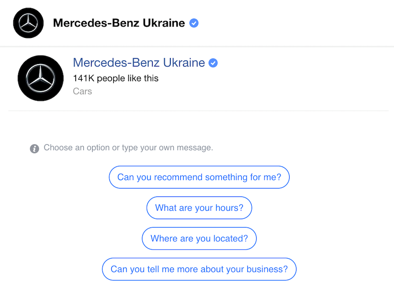 Mercedes-Benz Ukrayna Messenger sohbet botu çeşitli sorular sunuyor