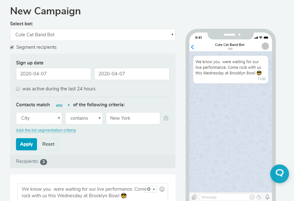 Yeni bir Telegram kampanyası oluştururken alıcıları segmentlere ayırma