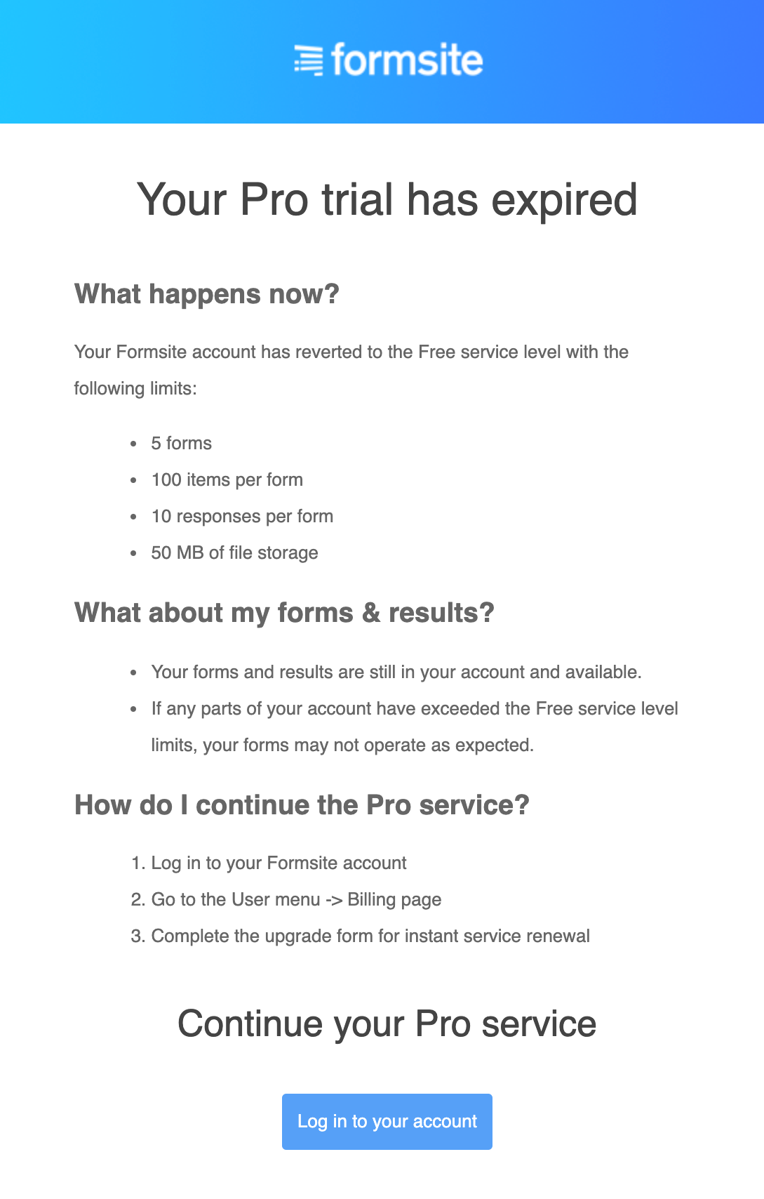 FormSite ücretsiz deneme bitiş e-postası