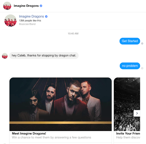 Imagine Dragons sohbet botundan görseller içeren bir selamlama