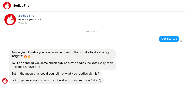 Zodiac Fire'ın sohbet botundan heyecan verici bir selamlama