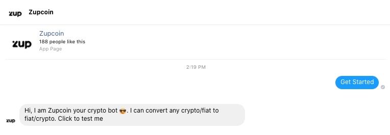 Facebook Messenger'da Zupcoin kripto sohbet botu