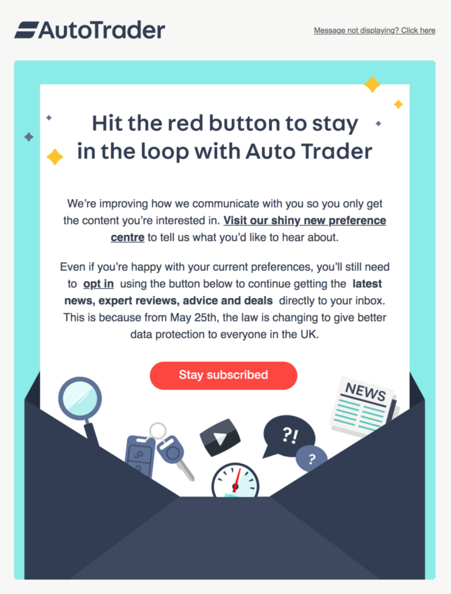 O Auto Trader convidando os usuários a atualizar suas preferências Fonte: Really Good Emails