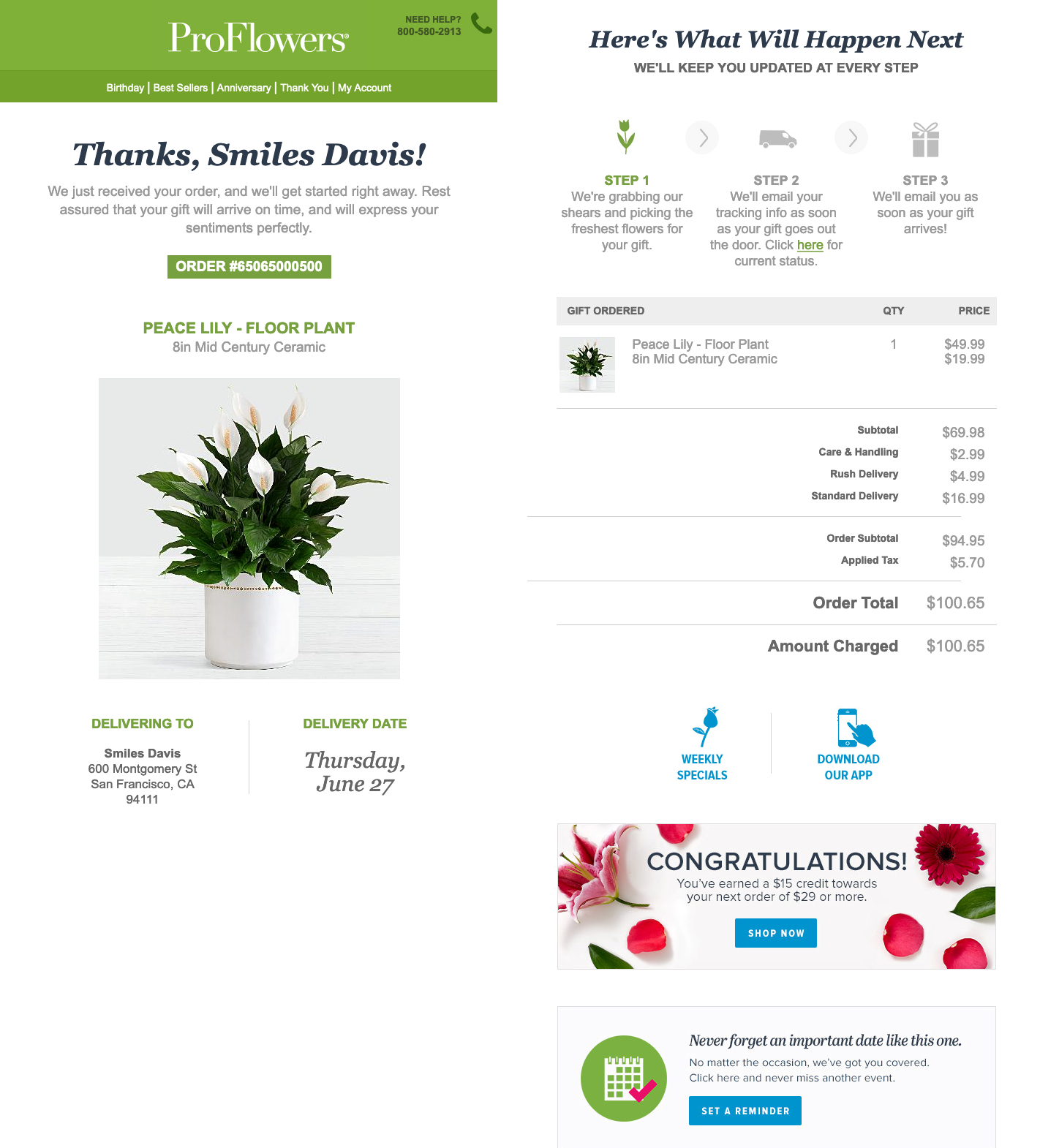 ProFlowers sipariş onay e-postası; kaynak: Really Good Emails