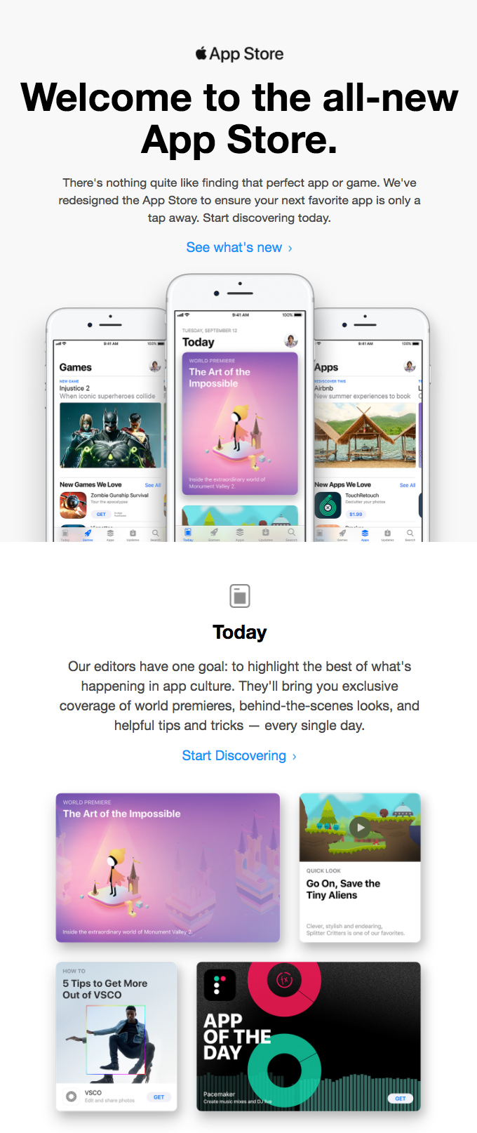 E-mail de lançamento da nova App Store da Apple Fonte: Really Good Emails