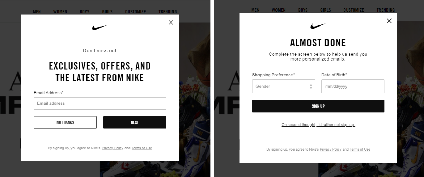 Formulário de inscrição da Nike em duas etapas