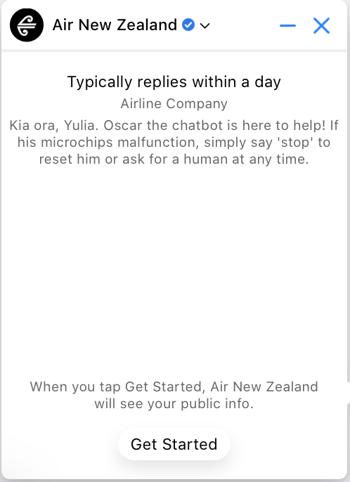 Air New Zealand'ın Facebook Messenger'daki Oscar sohbet botu