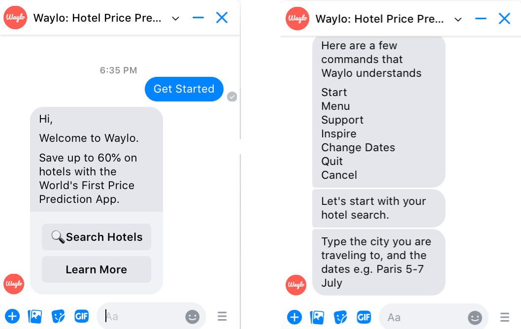 Facebook Messenger'da Waylo AI seyahat sohbet botu
