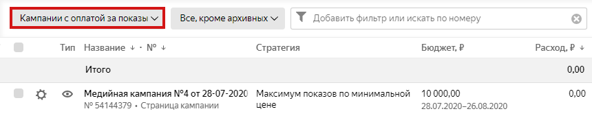 Пример кампании в «Яндекс.Директ» с оплатой за показы