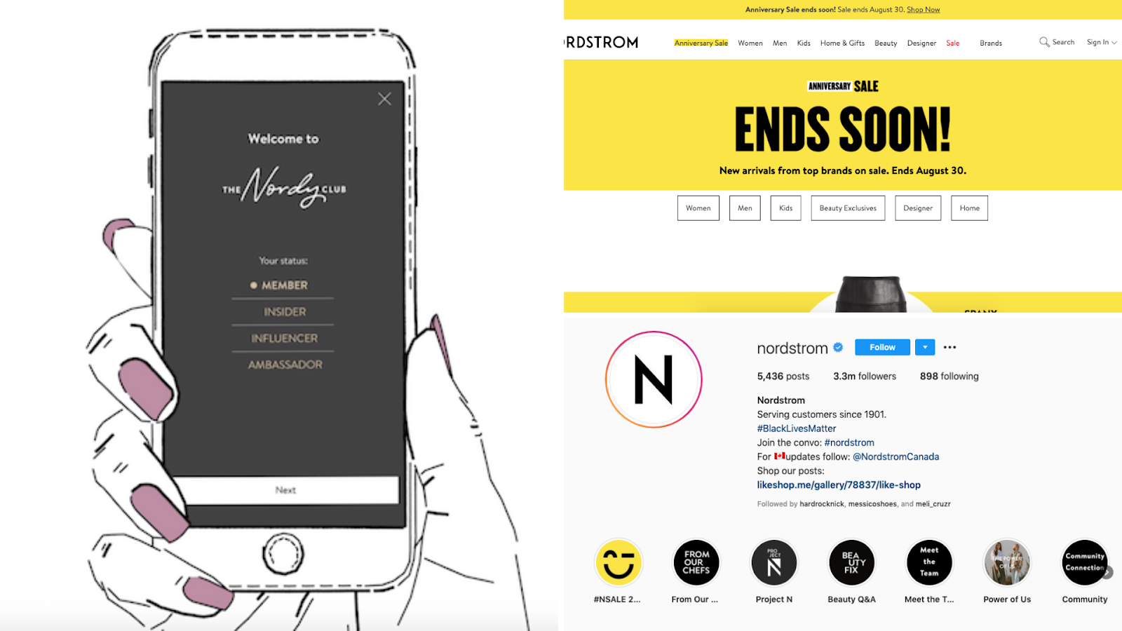 Nordstrom'un uygulaması, web sitesi ve Instagram hesabı