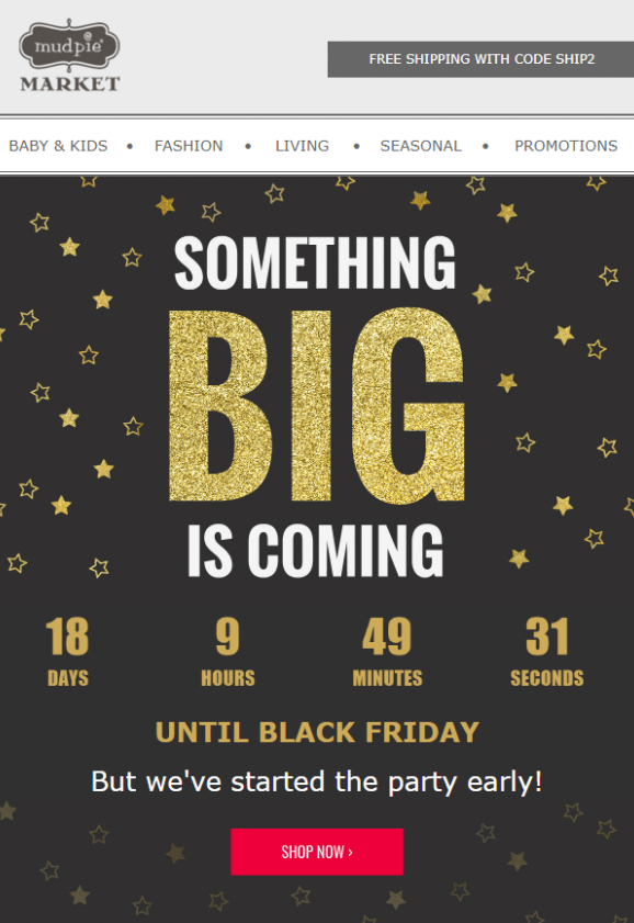 Um e-mail de Black Friday com um crônometro de contagem regressiva da Mud Pie