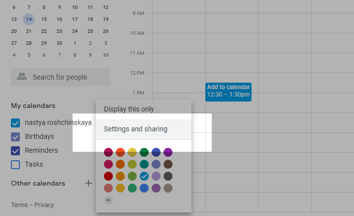 calendar’s settings and sharing options in Google Calendar