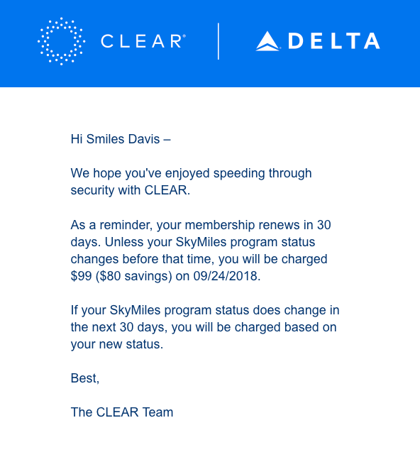CLEAR'dan bir yenileme hatırlatıcı e-postası; kaynak: Really Good Emails