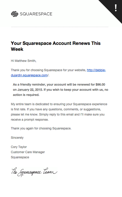 Squarespace'den bir yenileme e-postası örneği; kaynak: Really Good Emails