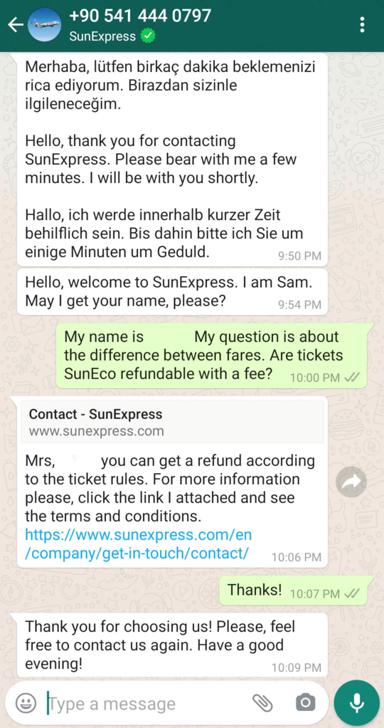 SunExpress propose un support client multilingue via WhatsApp