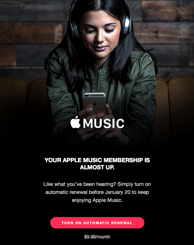 Apple Music'ten bir yenileme e-postası örneği; kaynak: Really Good Emails
