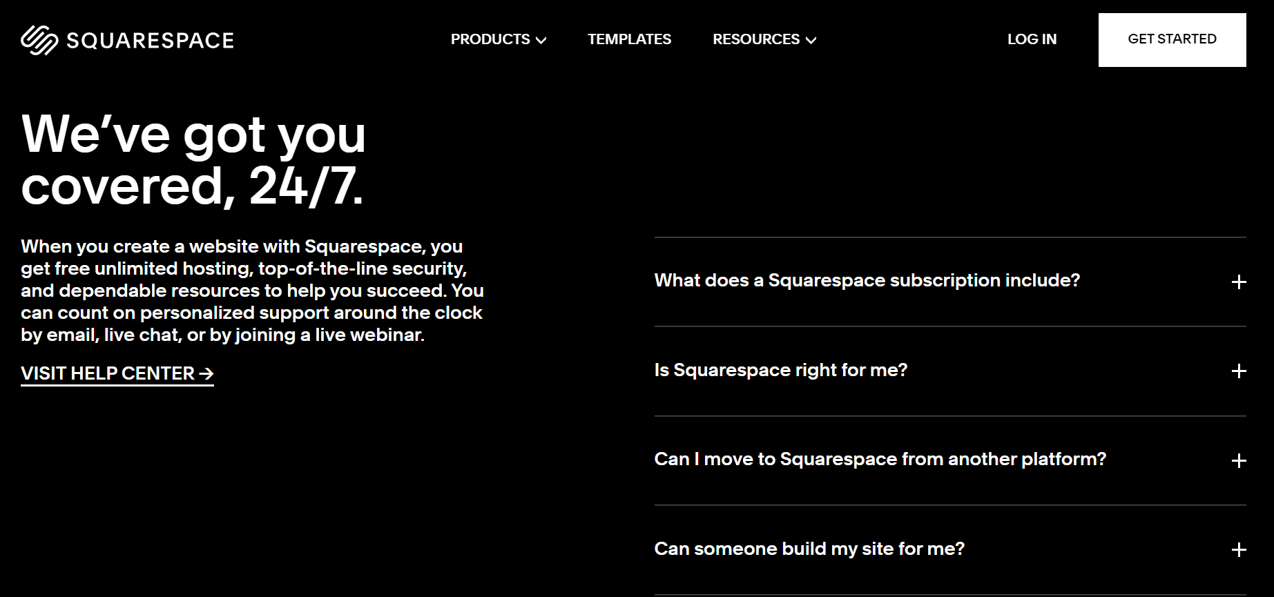 Squarespace açılış sayfasında SSS kullanıyor