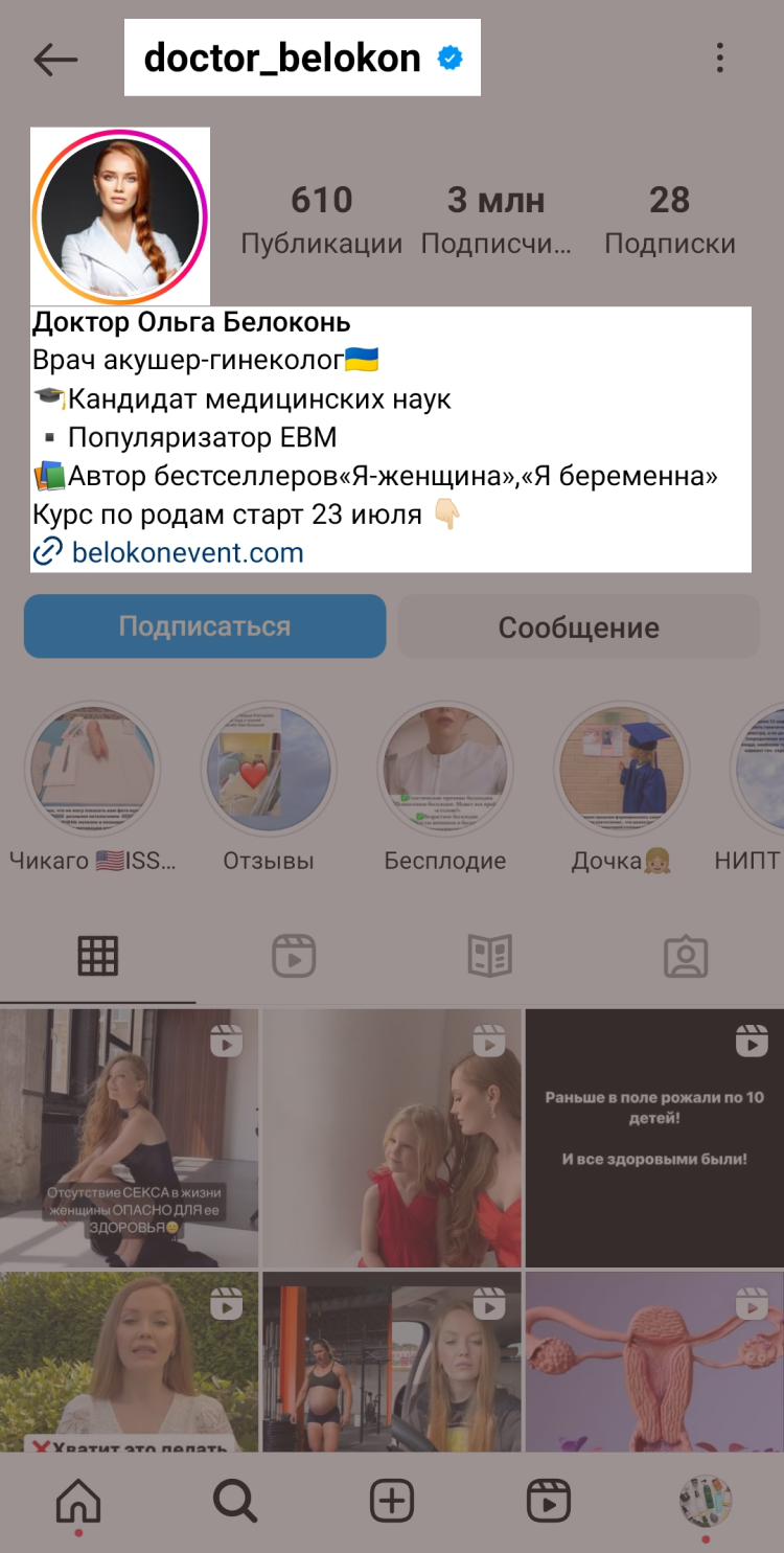 Пример шапки профиля в мобильной версии Instagram