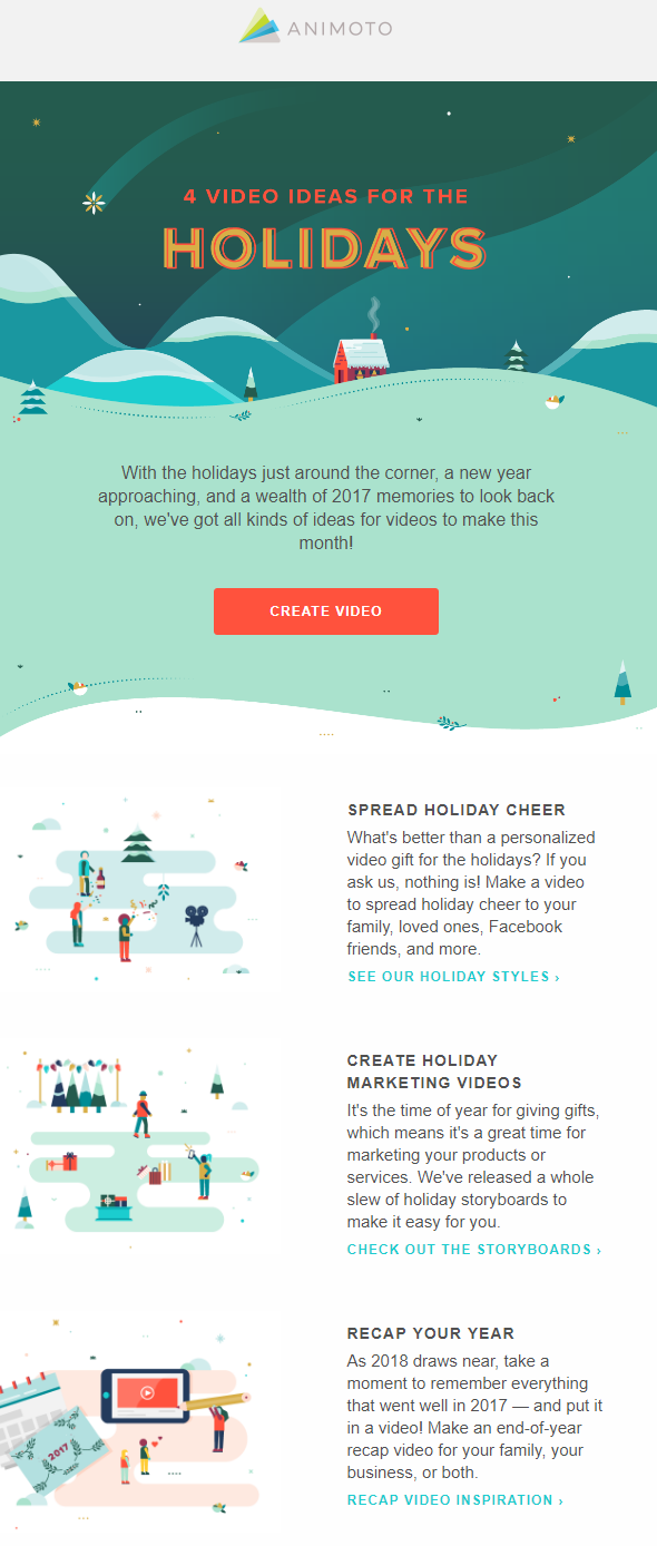 Um e-mail com ideias de Natal da Animoto