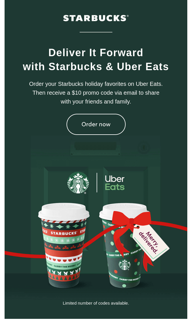 Starbucks ve Uber Eats'ten bir Noel e-postası; kaynak: Really Good Emails
