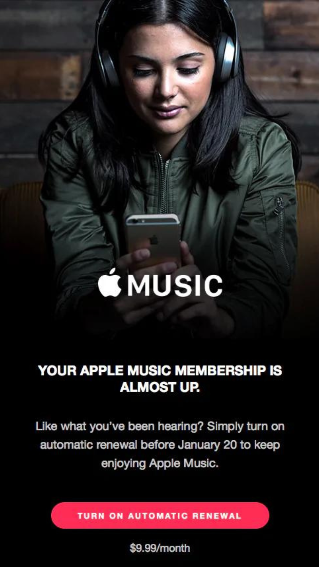 Este e-mail da Apple Music é um ótimo exemplo de e-mail de renovação.