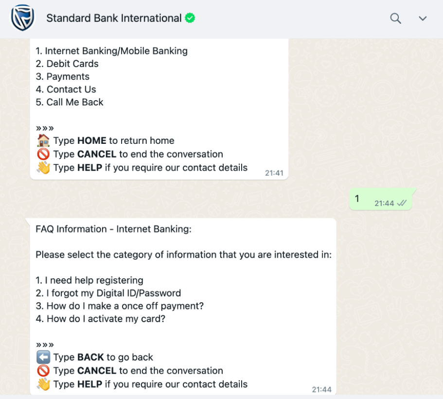 Standard Bank yaygın müşteri sorularını yanıtlamak için WhatsApp'ı kullanıyor