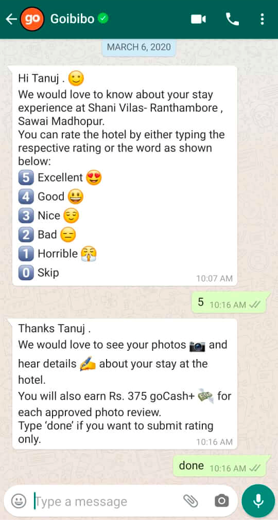Goibibo müşteri geri bildirimlerini toplamak için WhatsApp'ı kullanıyor; kaynak: Medium