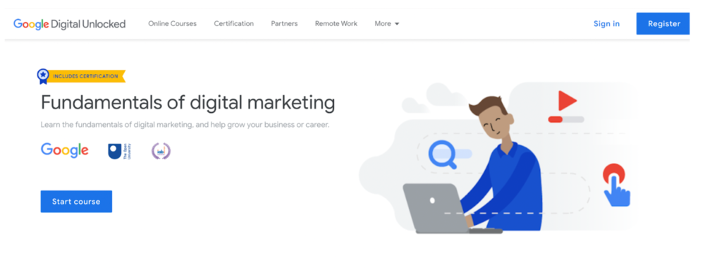 A landing page do curso do Google