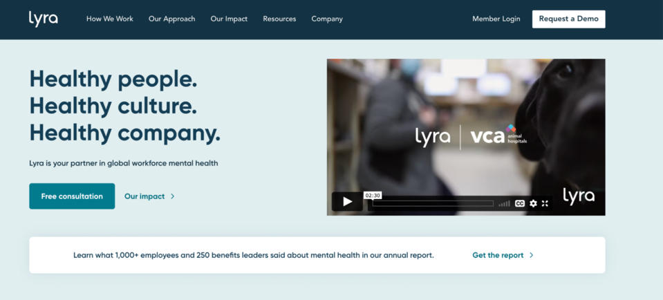 Web tabanlı bir çalışan sağlığı çözümü olan Lyra Health'ın web sitesi