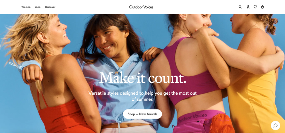 Bir spor giyim markası olan Outdoor Voices'un web sitesi