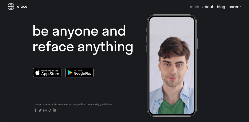 Bir yüz değiştirme uygulaması olan Reface'in web sitesi