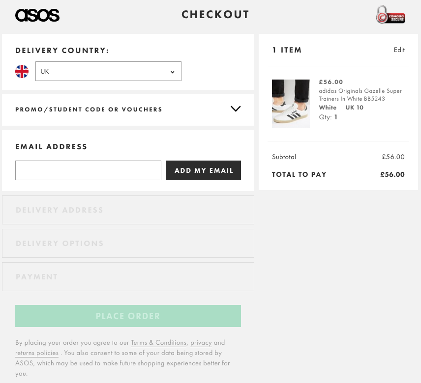 A Asos usa um processo de checkout simplificado para apromorar o funil de conversão do seu site