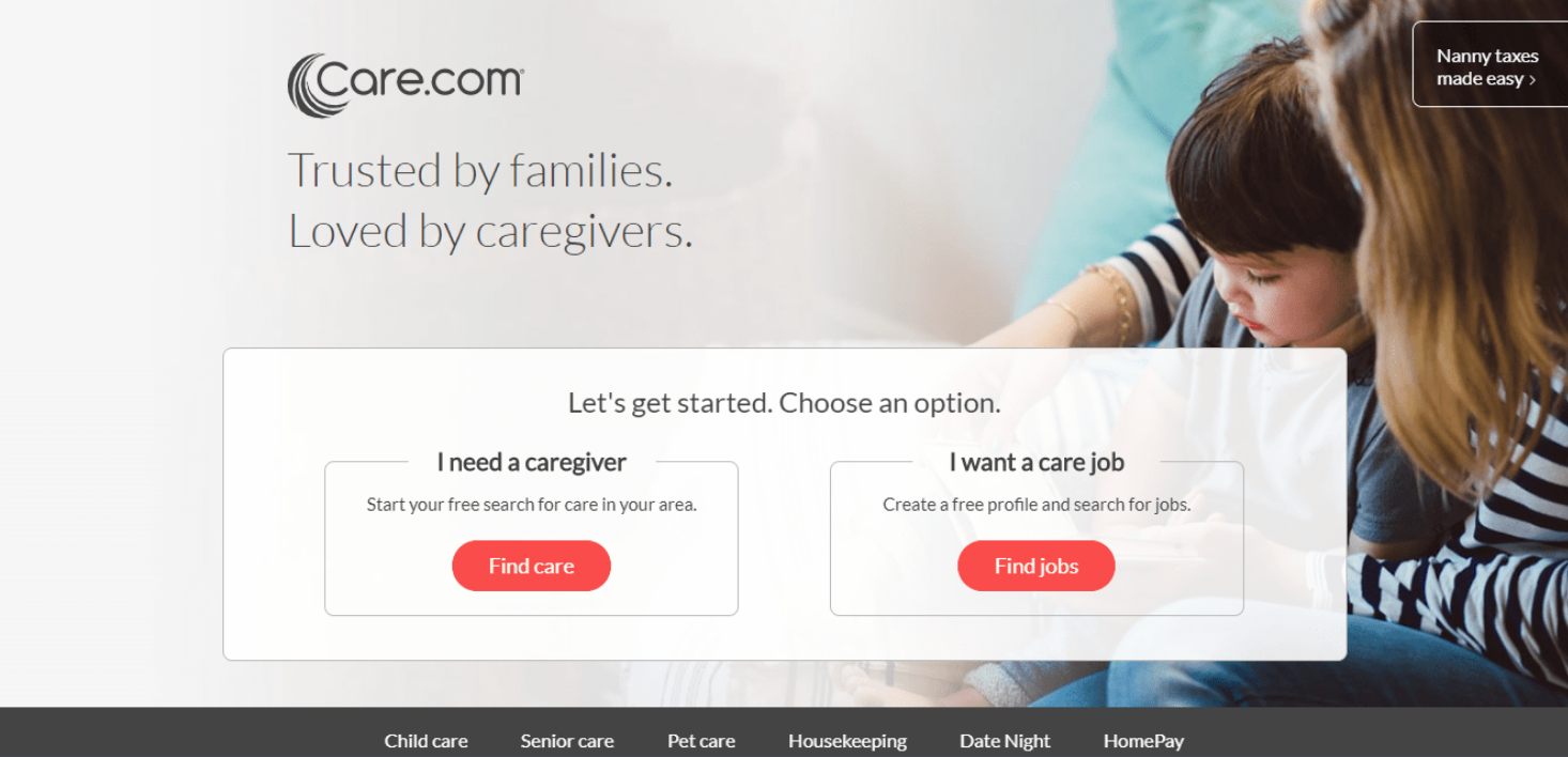 A Care.com usa um call to action otimizado para sua landing page Fonte: The Daily Egg