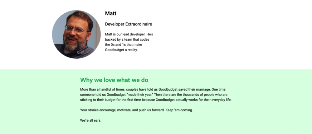 O design da página sobre nós do GeekBudget